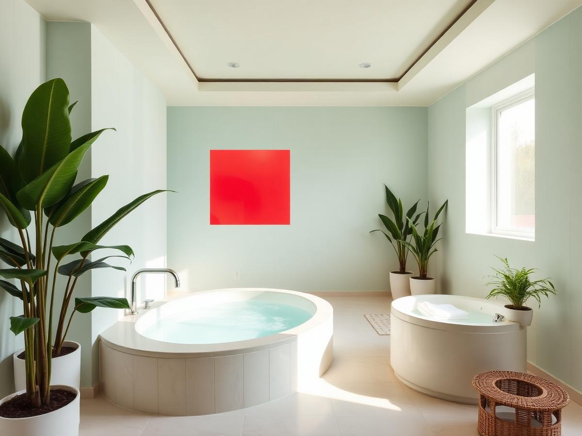 Cold plunge and red light therapy room with mint walls and plants